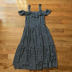Maison Jules Navy and White Polka Dot Off the Shoulder Ruffle Dress